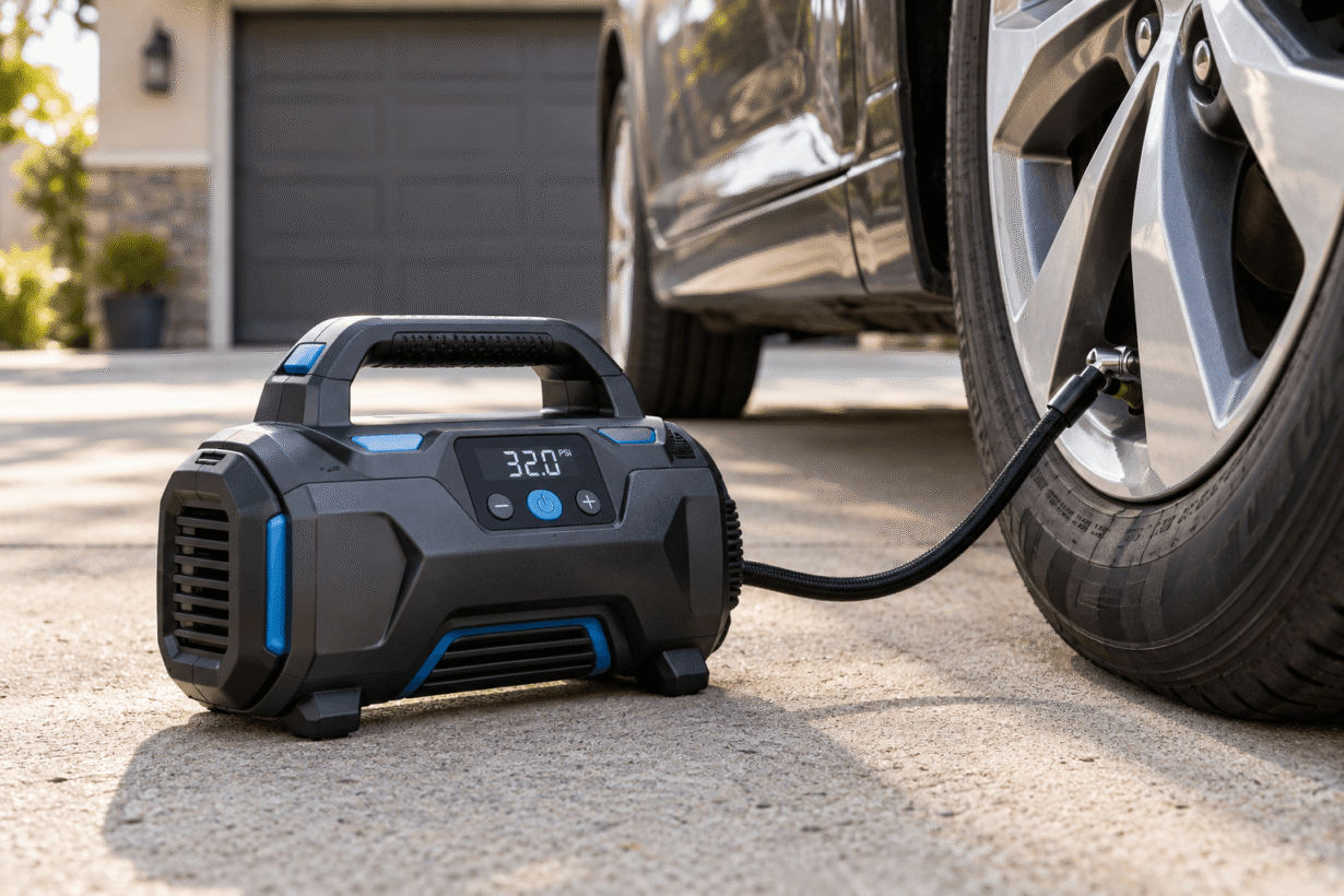Compressor de ar portátil com visor digital conectado ao pneu de um carro.