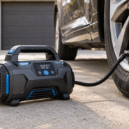 Compressor de ar portátil com visor digital conectado ao pneu de um carro.