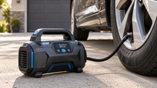 Compressor de ar portátil com visor digital conectado ao pneu de um carro.