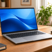 Notebook prateado sobre mesa de madeira em ambiente iluminado, com mouse sem fio ao lado.