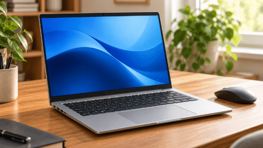 Notebook prateado sobre mesa de madeira em ambiente iluminado, com mouse sem fio ao lado.