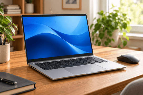 Notebook prateado sobre mesa de madeira em ambiente iluminado, com mouse sem fio ao lado.
